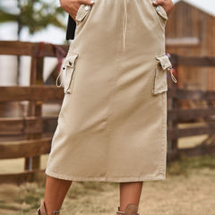 Khaki Elastic Waist Denim Midi Skirt