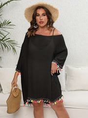  Fringe Trim Semi Sheer Back Cut Out Beach Dress