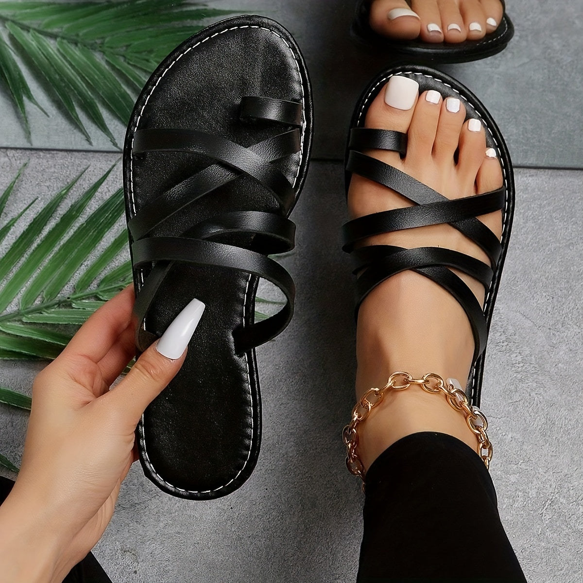 Women's Flat Slides Cross Strap Faux Leather Sandals