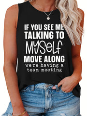  Casual Tank Top Women's Plus Slogan Print Round Neck Tank Top