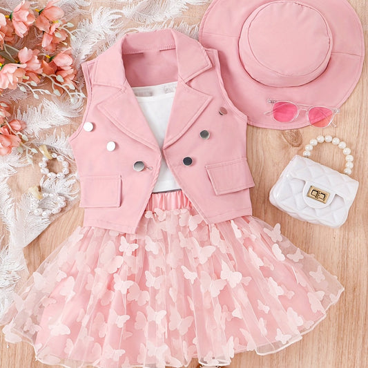 Girls 3pcs Lapel Vest Top & Mesh Tutu Skirt & Hat Summer Set