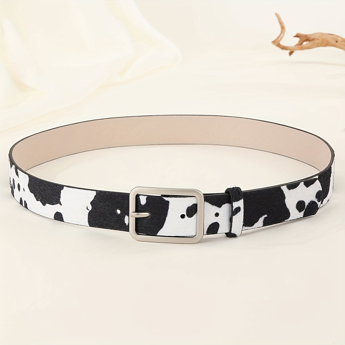 Y2K Style Cow Pattern PU Belt with Geometric Buckle