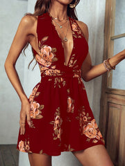 Floral Print Belted Romper Jumpsuit Plunge Neck Backless Halter Romper Jumpsuit