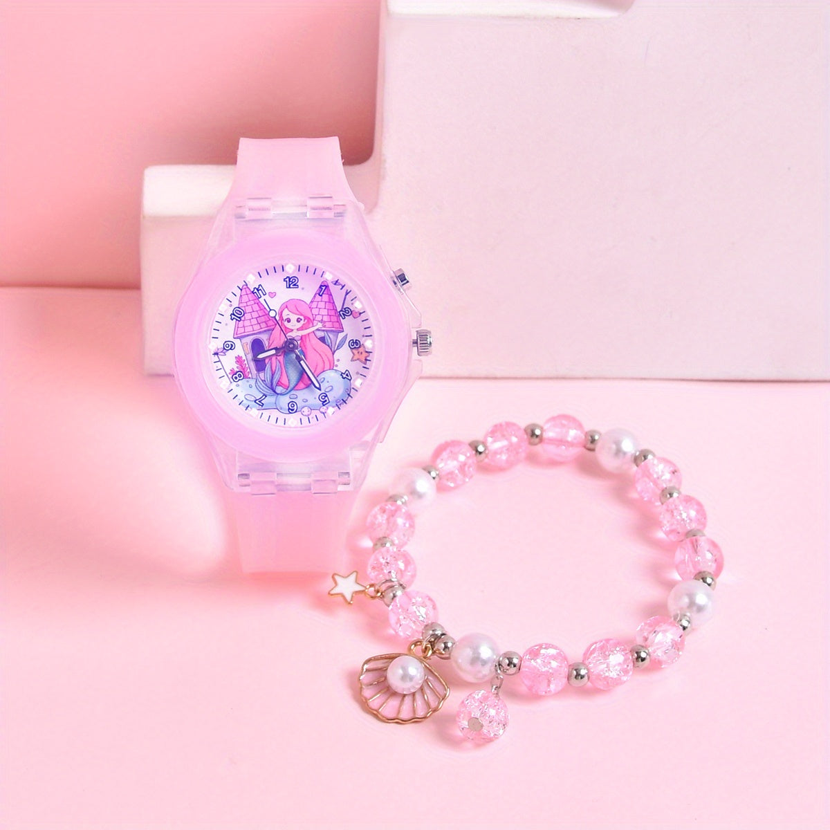 Girls Silicone Strap Watch & Bracelet Set