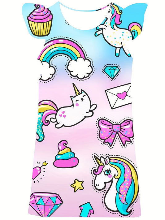 Girl's Rainbow Cat Dress Crew Neck Princess Dress