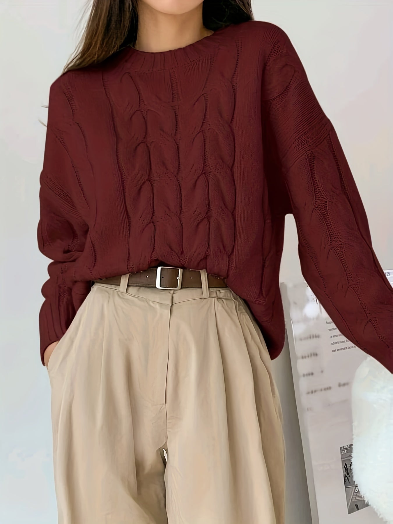  Solid Cable Long Sleeve Round Neck Sweater