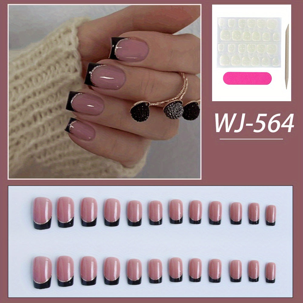 24pcs Pink French Glitter Edge Press On Nails for Halloween