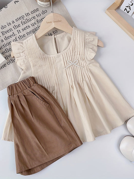 Toddler Girl's Cotton Shirt & Shorts Set with Bowknot - Summer Outfit