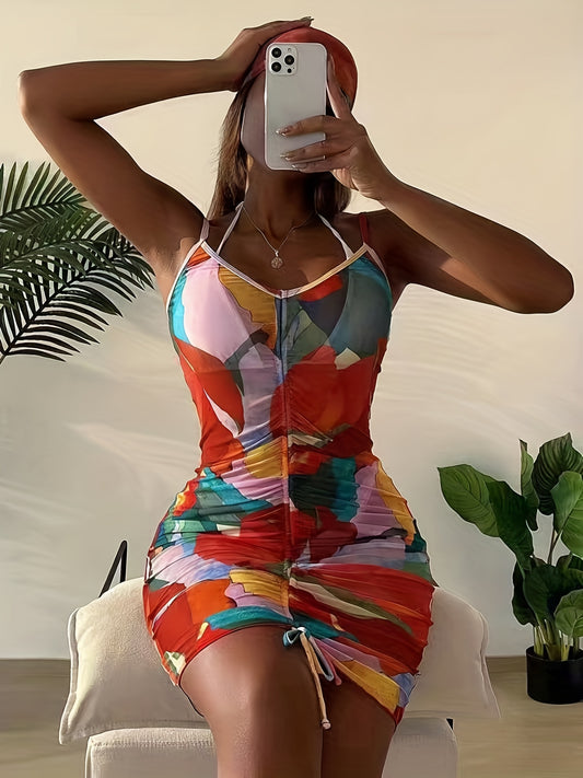 Colorful Drawstring Spaghetti Strap Beach Cover Up Dress