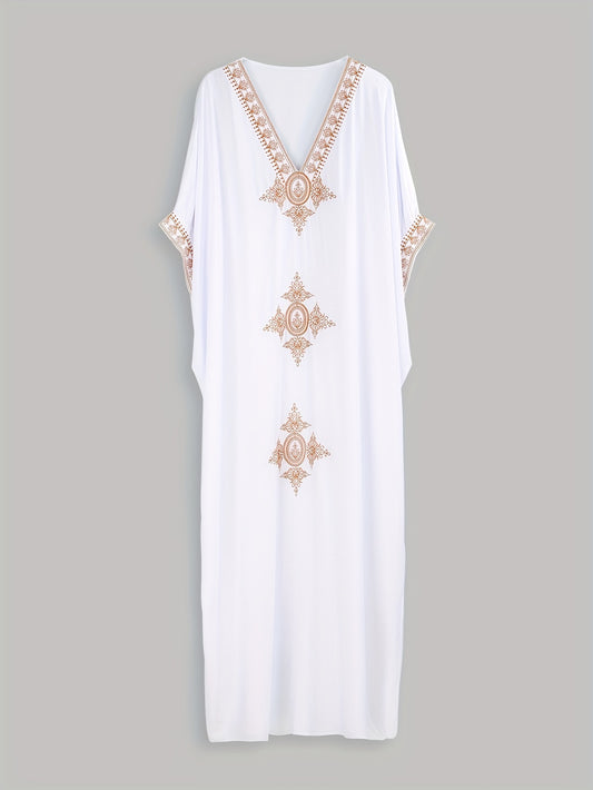  Kaftan Dress Women's Plus Floral Embroidery V Neck Maxi Dress