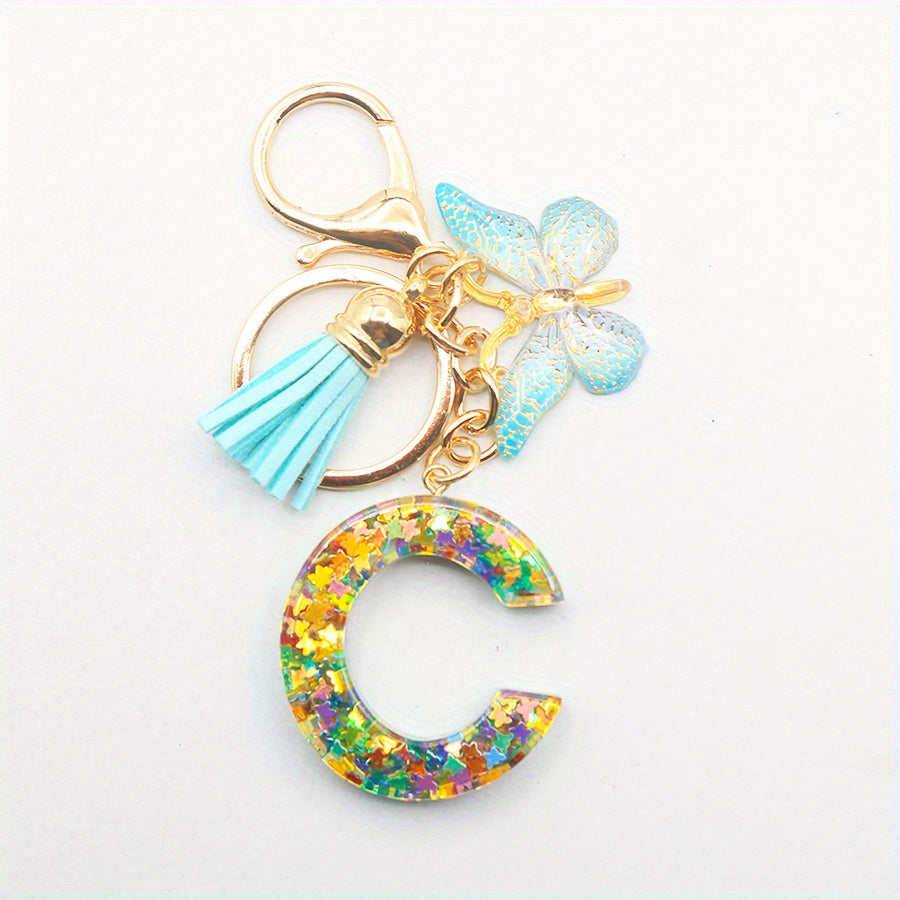 Resin Initial Letter Keychain with Butterfly Pendant and Tassel