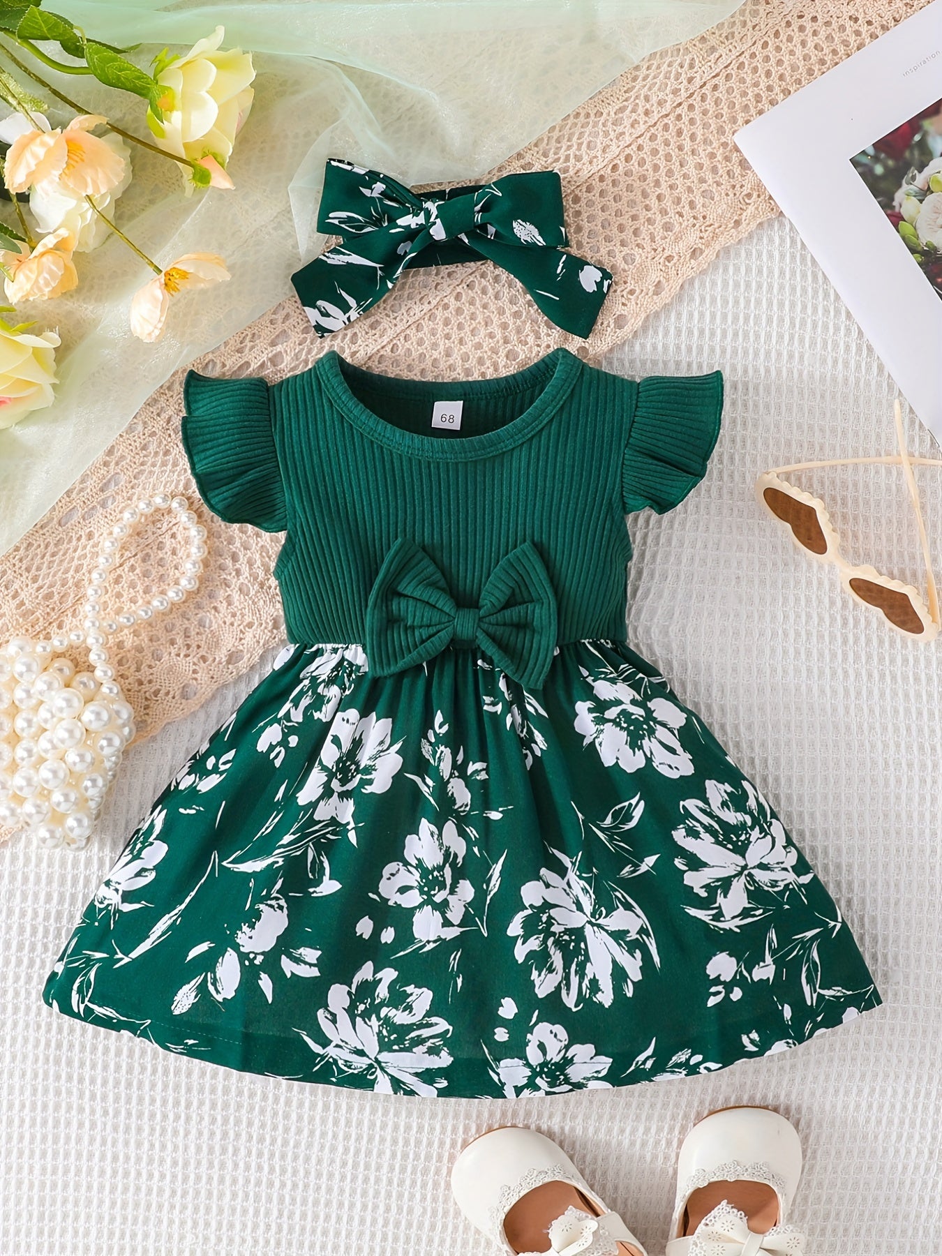 Baby Girls Casual Floral Print Dress & Headband Set