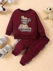 Baby Plaid Bear Embroidery Set Sweatshirt Tops Pants