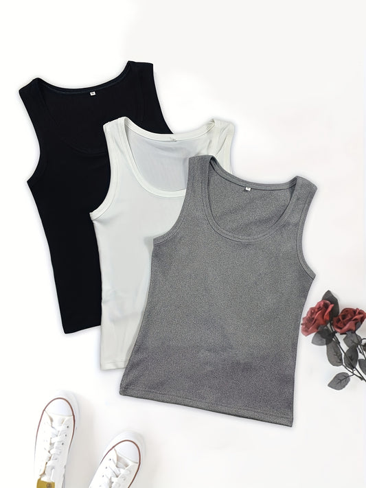 Solid Crew Neck Tank Top 3 Pack Women's Sleeveless Tank Top