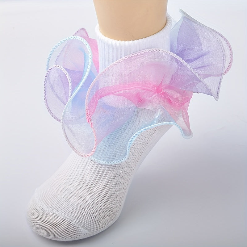 3 Pairs Baby Girls Rainbow Lace Ruffled Socks Breathable Comfy Socks