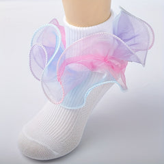 3 Pairs Baby Girls Rainbow Lace Ruffled Socks Breathable Comfy Socks