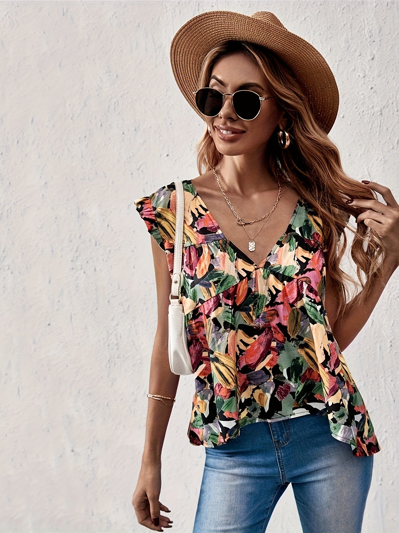 Ruffle Trim V Neck Top Cap Sleeve Casual