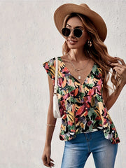 Ruffle Trim V Neck Top Cap Sleeve Casual
