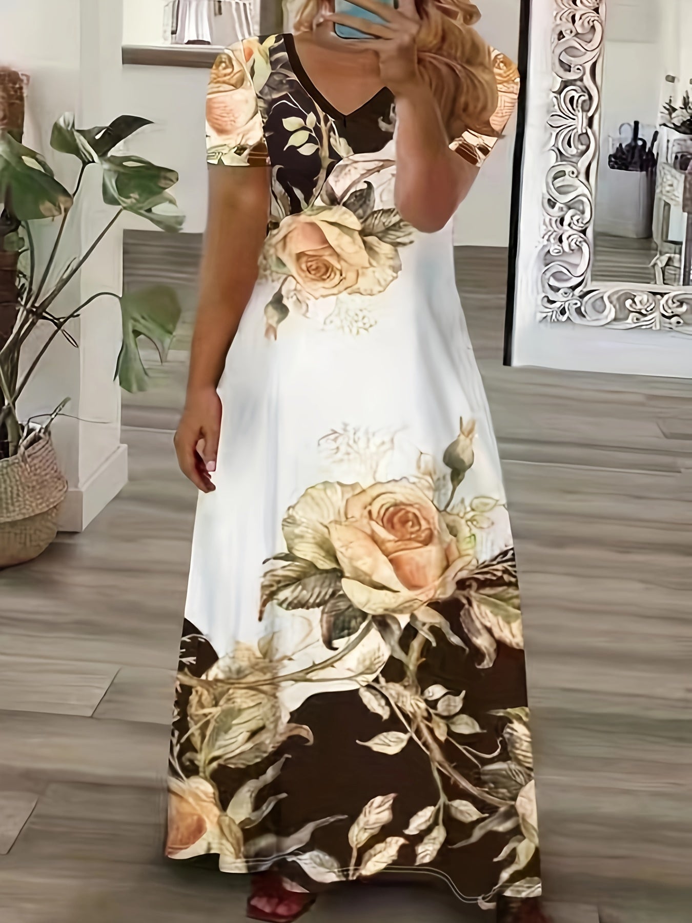 Floral Print V Neck Maxi Dress, Plus Size