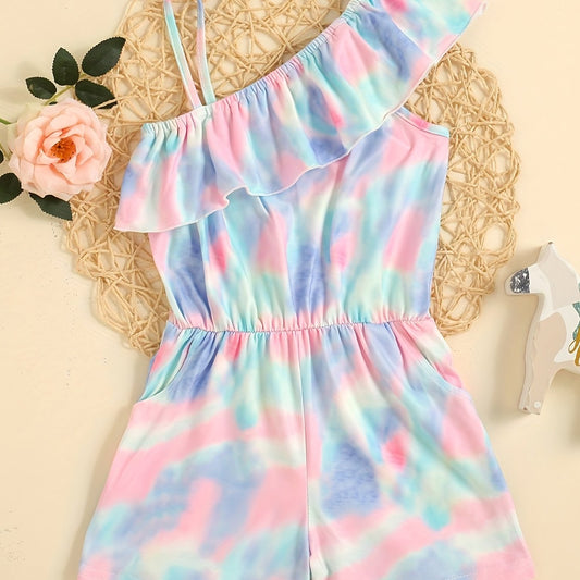 Girls Tie Dye Sleeveless Ruffle Trim Jumpsuit Kids Summer Outfit