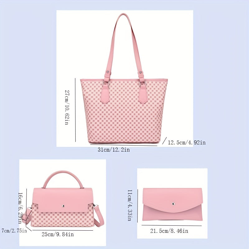 3Pcs Geometric Pattern PU Leather Tote Bag Set with Flap Handbag & Clutch
