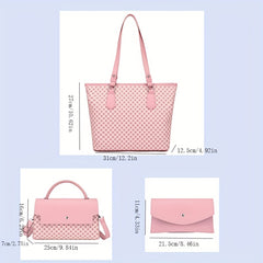 3Pcs Geometric Pattern PU Leather Tote Bag Set with Flap Handbag & Clutch