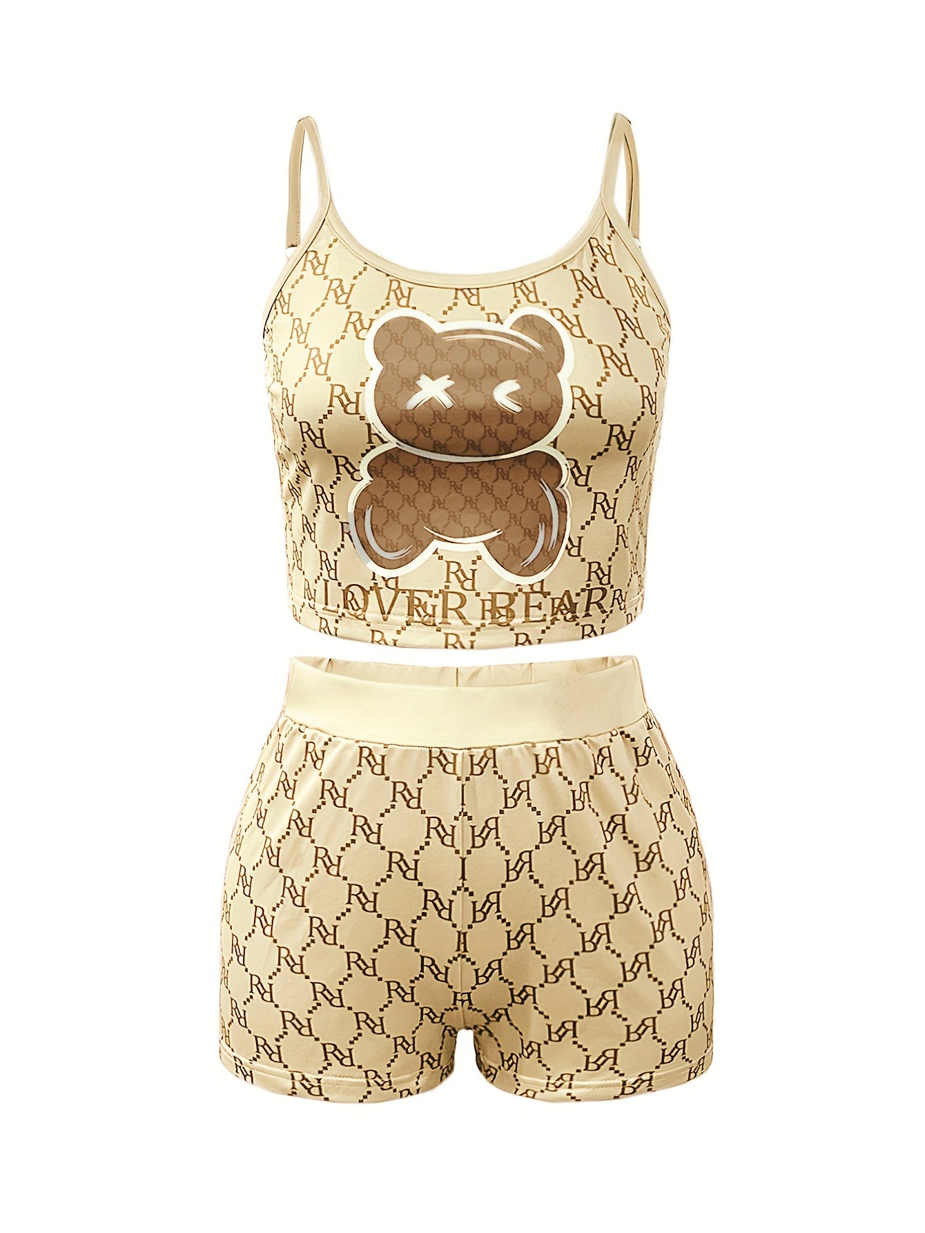 Women's Plus Two Piece Geometric & Bear Print Cami Top & Shorts Set