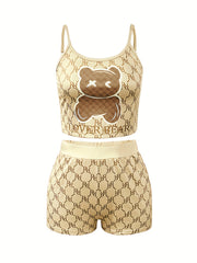 Women's Plus Two Piece Geometric & Bear Print Cami Top & Shorts Set