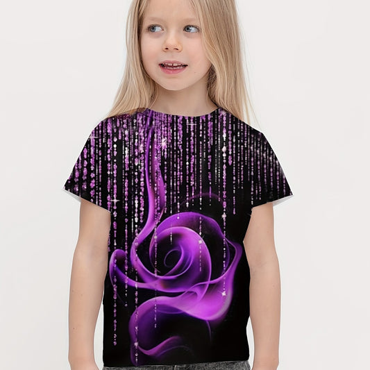 3D Flower Graphic Crew Neck Tee for Girls - Summer Wear