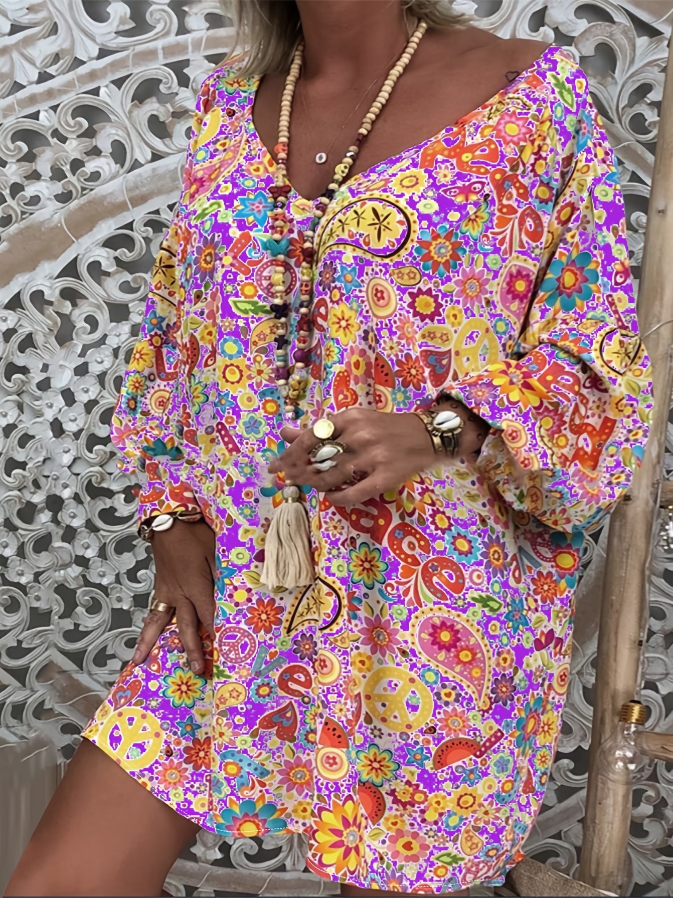 Floral Print V Neck Dress Plus Size Stretch Dress Women