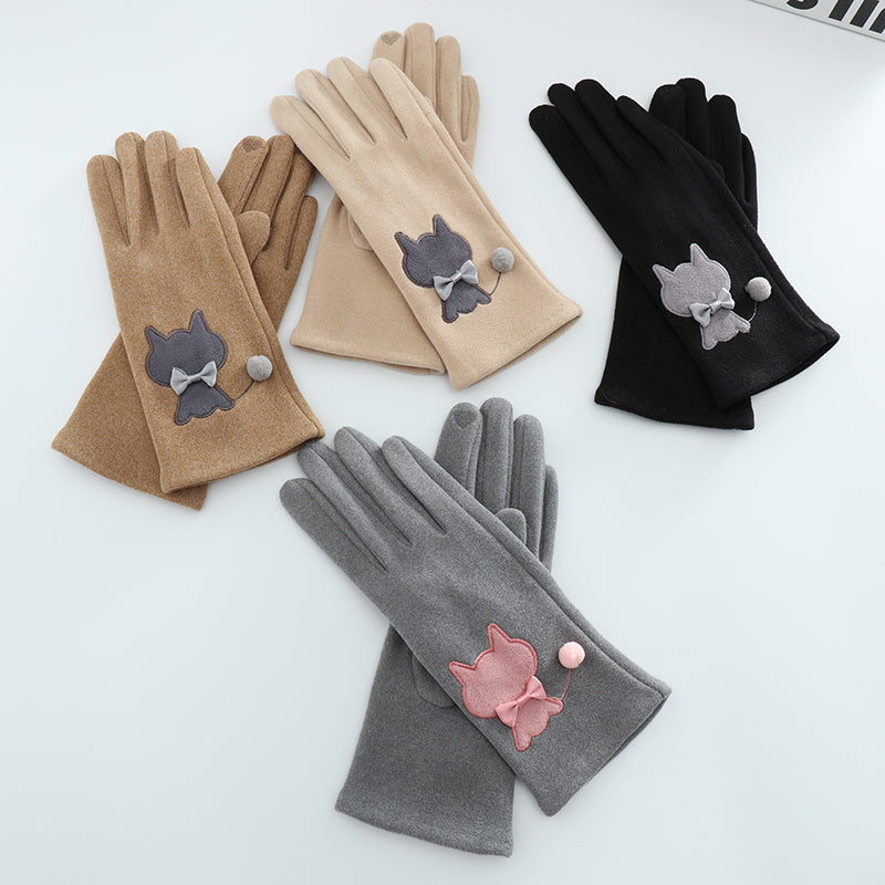 Women's Winter Velvet Gloves Cat Embroidery
