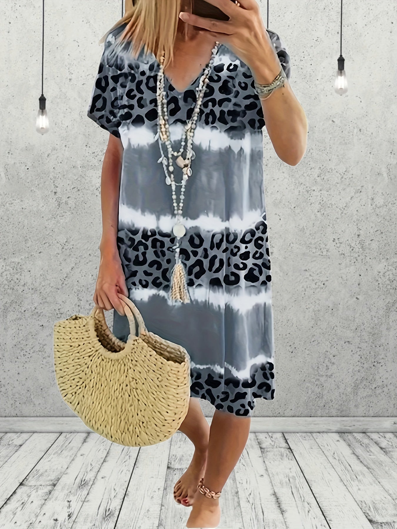  Tie Dye Leopard V Neck Dress