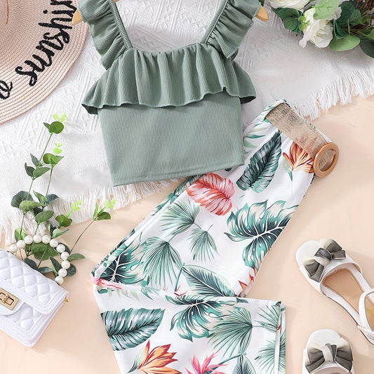 Girls 2pcs Outfits Ribbed Ruffle Tank Top & Plant Print Pants Set