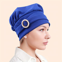 Faux Pearl Decor Turban Caps Solid Hijab Head Scarf Elastic Bonnet Headband