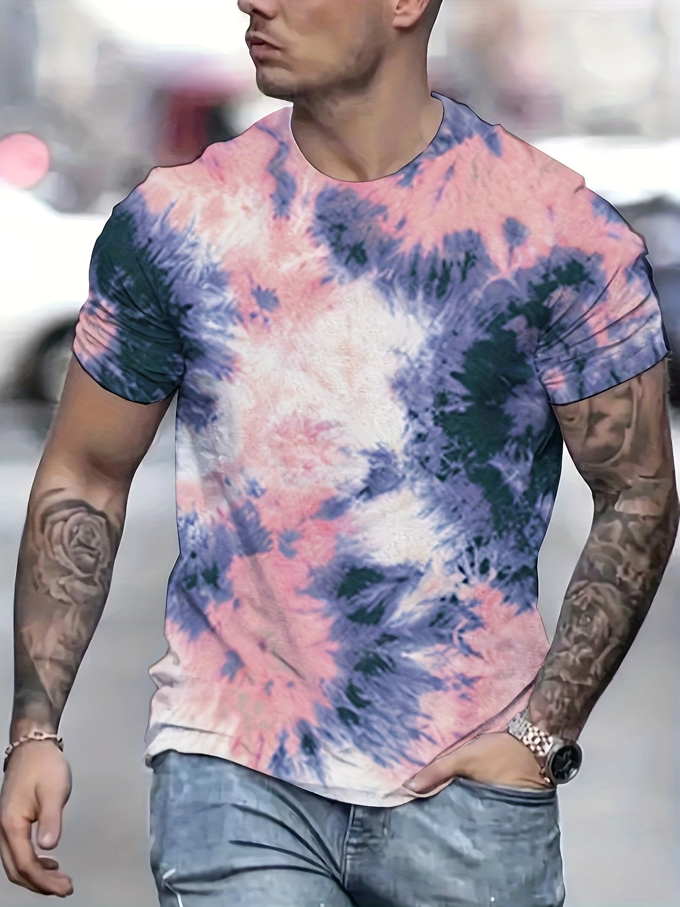 Men's Tie Dye Sports T shirt Casual Stretch Round Neck Tee Shirt