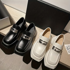 Women's Metal Platform Loafers Square Toe Slip On Shoes
