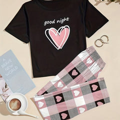 Heart & Letter Print Pajama Set Short Sleeve Tops & Plaid Print Elastic