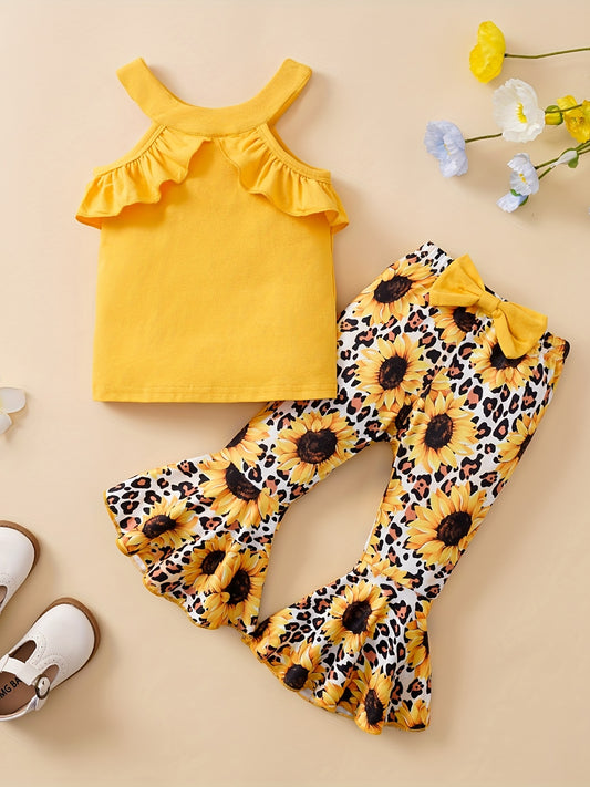 2pc Toddler Girls Ruffle Halter Tops & Sunflower Leopard Pants Set