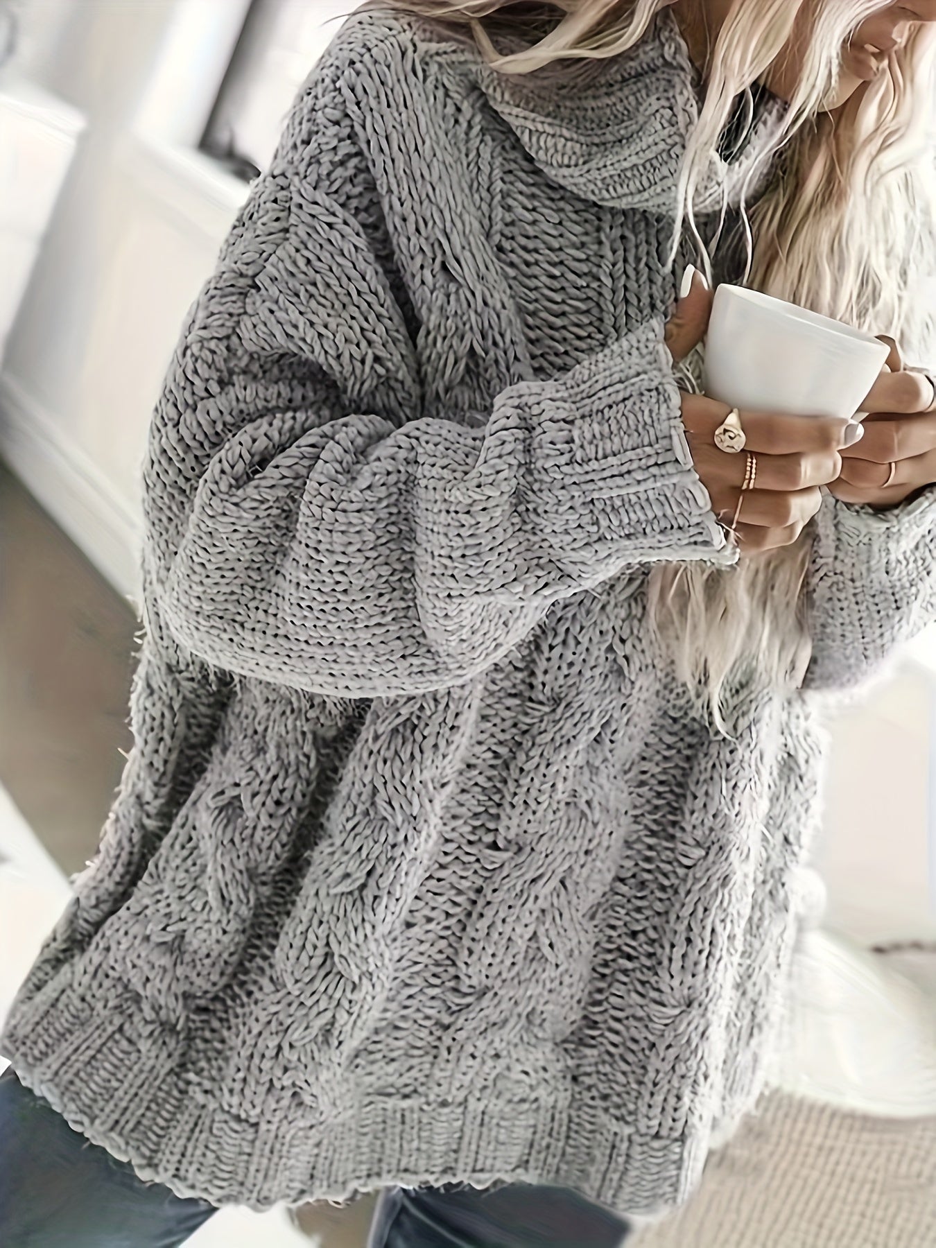  Solid Cable Long Sleeve High Neck Jumper