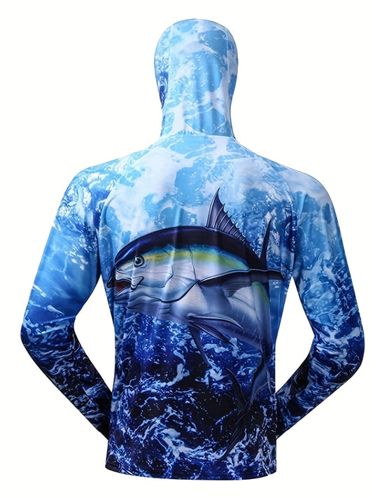 ABUGARCIA Men's UPF 50 Sun Protection Hooded Jacket Quick Dry Ocean Pattern
