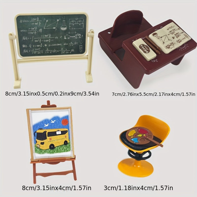 Classroom Dollhouse Accessory Kit Colorful Desk Chairs Blackboard Easel Playset