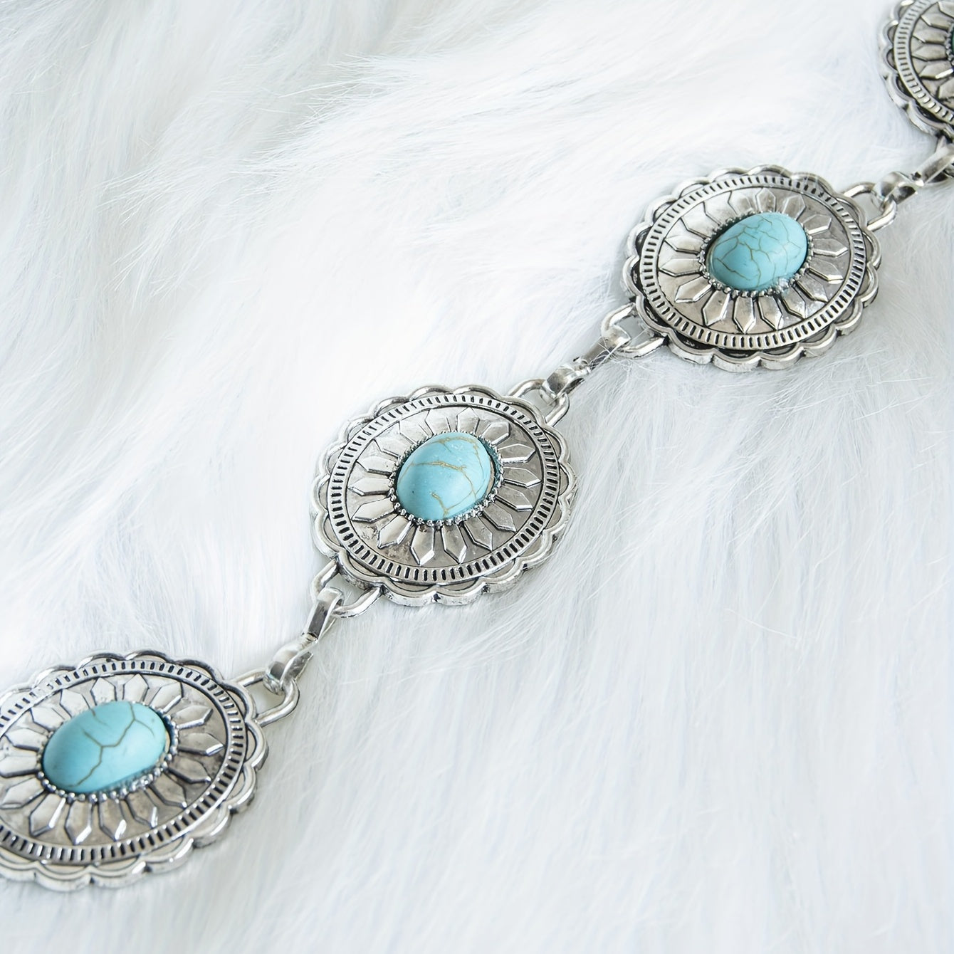 Turquoise Inlay Oval Chain Belt Silvery Geometric Flower Boho Waist Chain