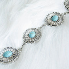 Turquoise Inlay Oval Chain Belt Silvery Geometric Flower Boho Waist Chain