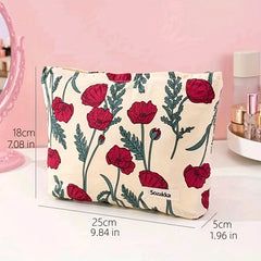 Red Floral Pattern Cosmetic Bag Corduroy Makeup Pouch