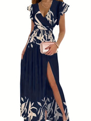 Boho Floral V Neck Dress Short Sleeve Split Dress