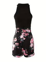 Spring/Summer 2pc Set Sleeveless Top Floral Print Ruched Shorts Outfit