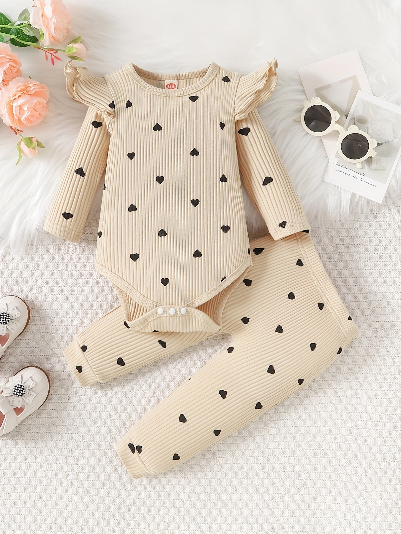 Newborn Infant Heart Print Ruffles Romper Long Sleeve Onesies & Pants Set