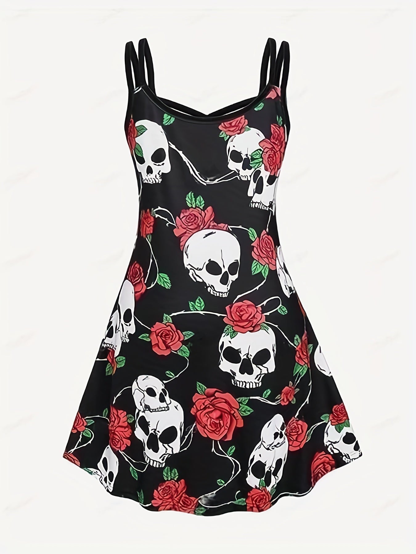 Skull Print Spaghetti Strap Dress Gothic Sleeveless V Neck Dress