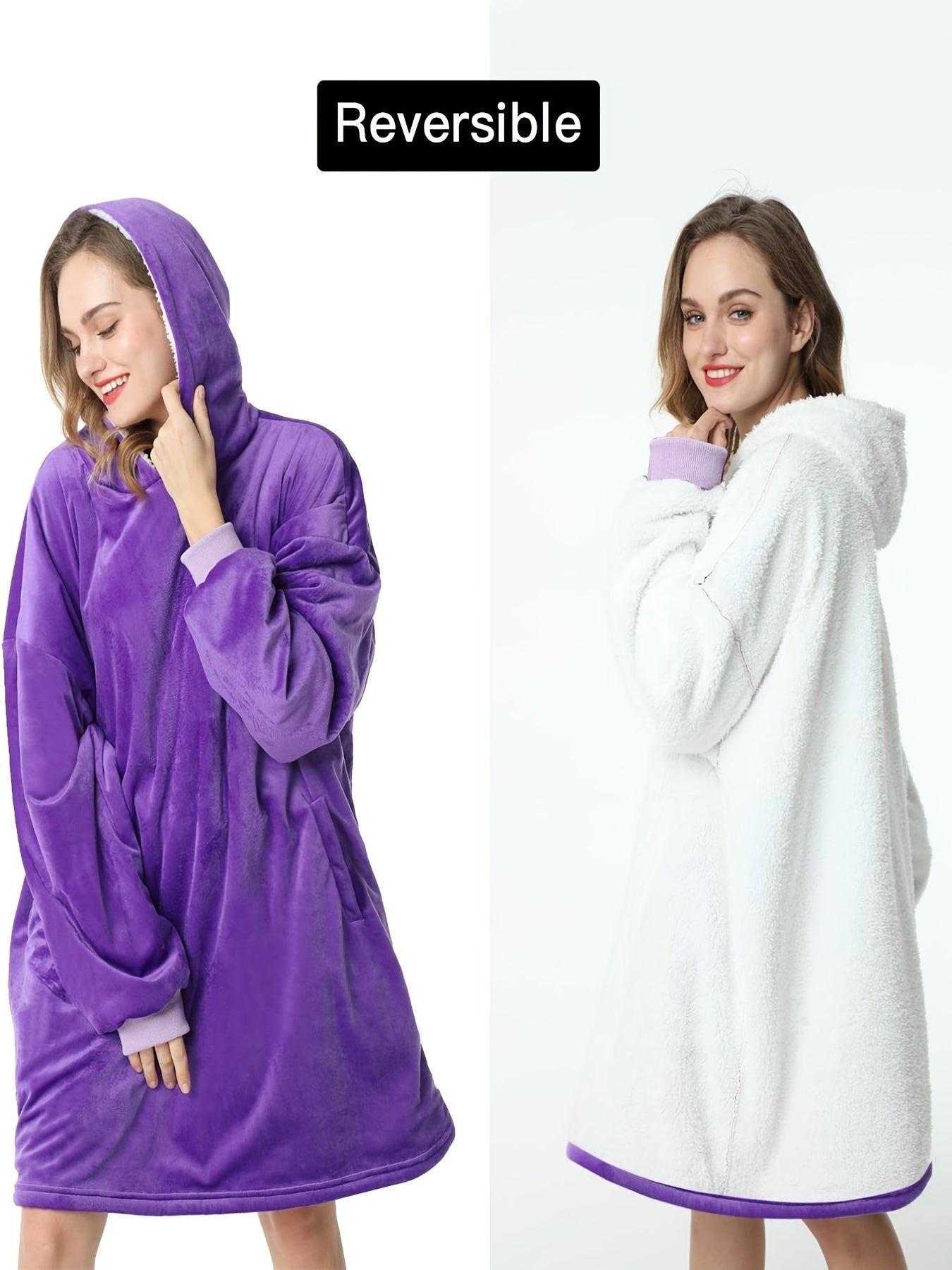  Fleece Hooded Lounge Robe with Pockets