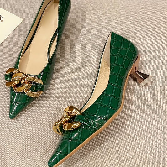 Chain Decor Kitten Heels Point Toe Dress Pumps Slip On Heels